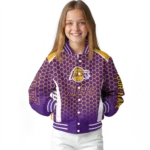 personalized los angeles lakers hexagon grid purple varsity jacket best selling.webp