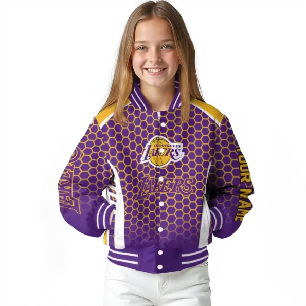 personalized los angeles lakers hexagon grid purple varsity jacket top rated.webp