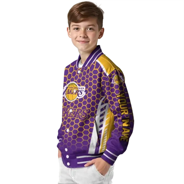 personalized los angeles lakers hexagon grid purple varsity jacket trendy.webp