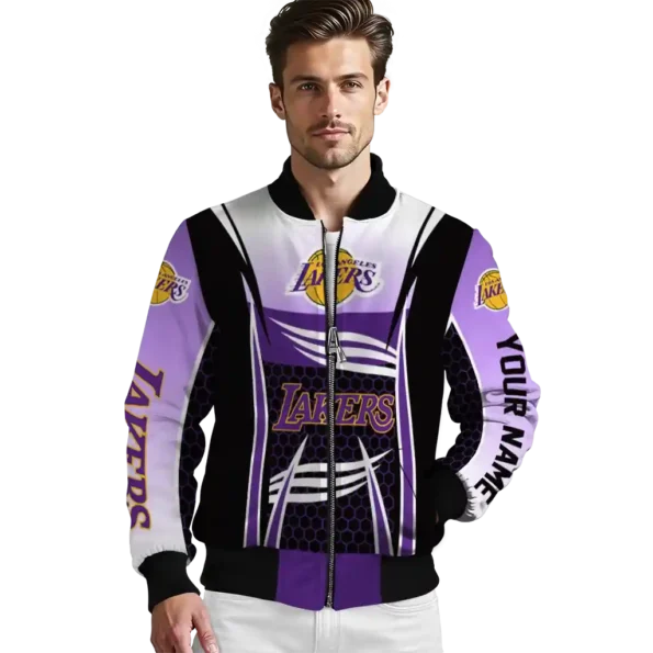 personalized los angeles lakers mesh effect purple black bomber jacket high quality