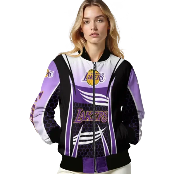 personalized los angeles lakers mesh effect purple black bomber jacket latest model