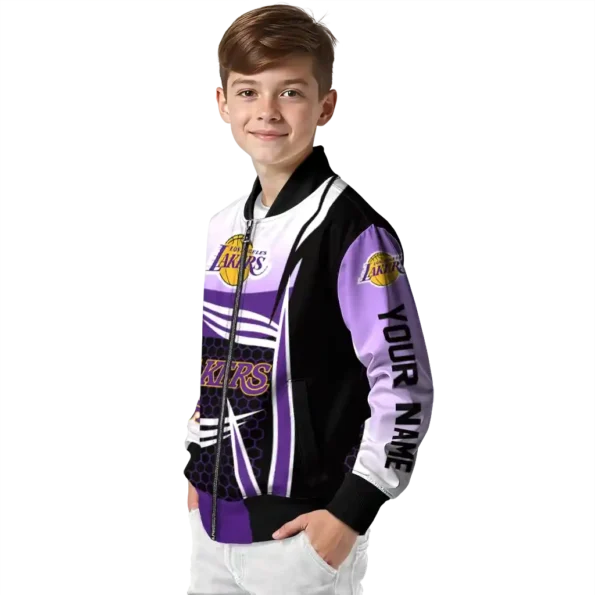 personalized los angeles lakers mesh effect purple black bomber jacket trendy