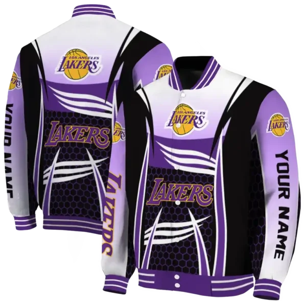 personalized los angeles lakers mesh effect purple black varsity jacket fashion forward.webp