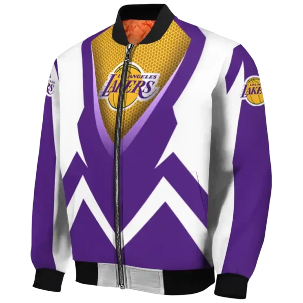 personalized los angeles lakers v stripes purple white bomber jacket best selling