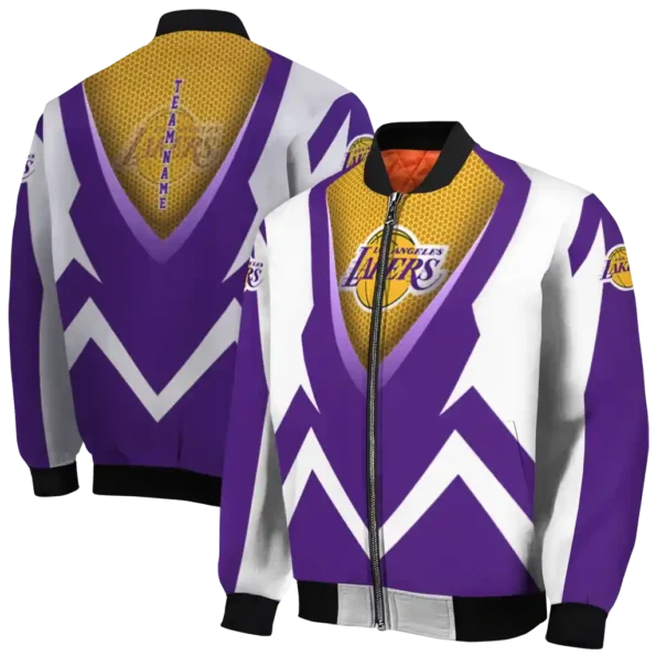 personalized los angeles lakers v stripes purple white bomber jacket fashion forward