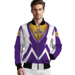 personalized los angeles lakers v stripes purple white bomber jacket best selling