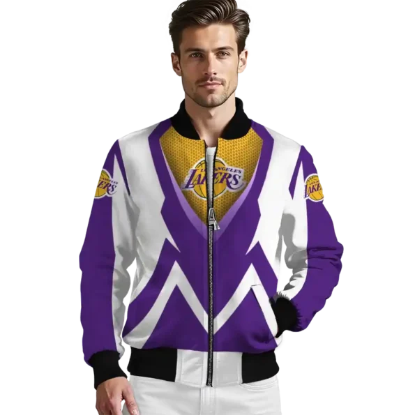 personalized los angeles lakers v stripes purple white bomber jacket high quality