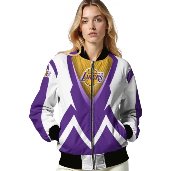 personalized los angeles lakers v stripes purple white bomber jacket latest model