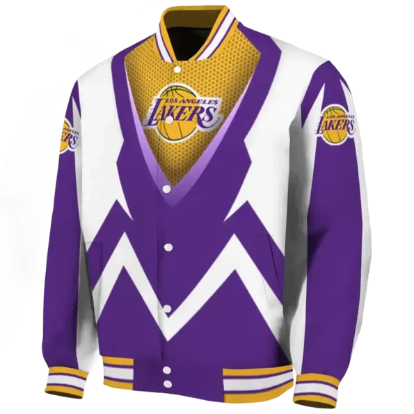 personalized los angeles lakers v stripes purple white varsity jacket best selling.webp