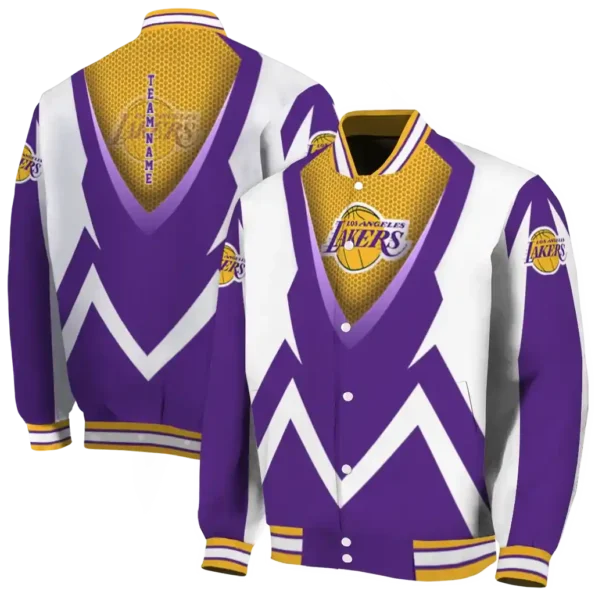 personalized los angeles lakers v stripes purple white varsity jacket fashion forward.webp