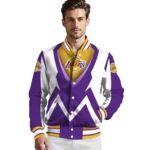 personalized los angeles lakers v stripes purple white varsity jacket best selling.webp