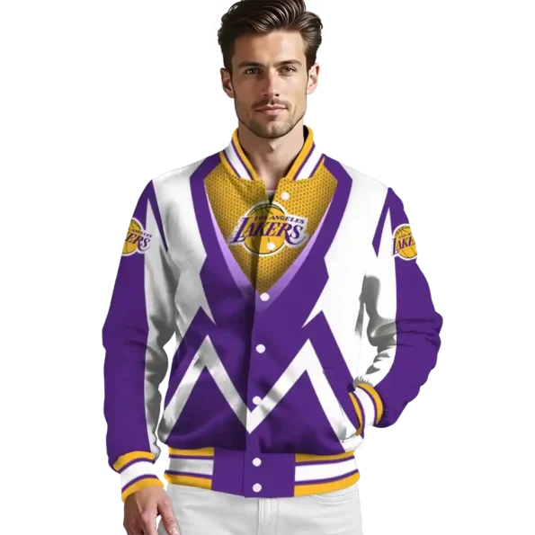 personalized los angeles lakers v stripes purple white varsity jacket high quality.webp