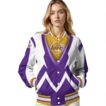 personalized los angeles lakers v stripes purple white varsity jacket best selling.webp