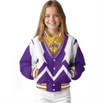personalized los angeles lakers v stripes purple white varsity jacket best selling.webp
