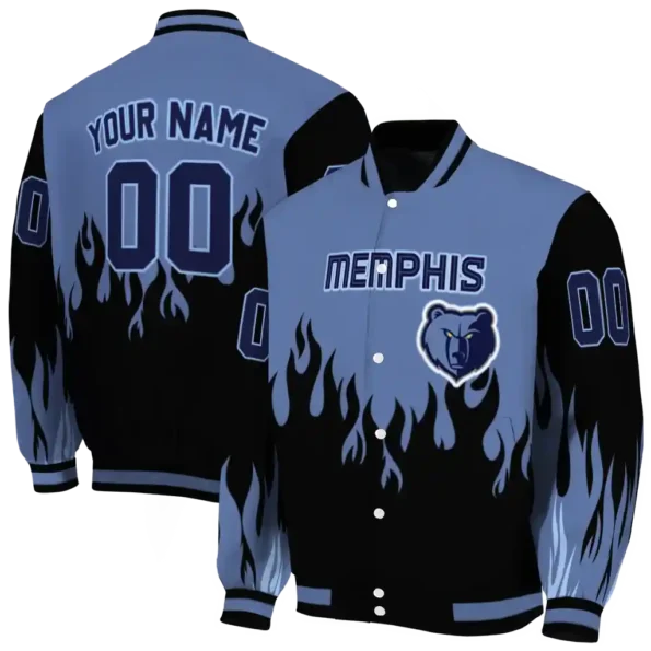 personalized memphis grizzlies flame border blue black varsity jacket fashion forward.webp