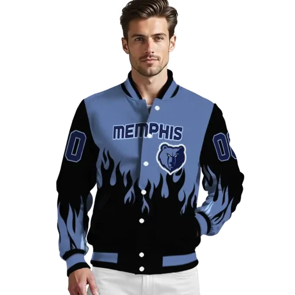 personalized memphis grizzlies flame border blue black varsity jacket high quality.webp