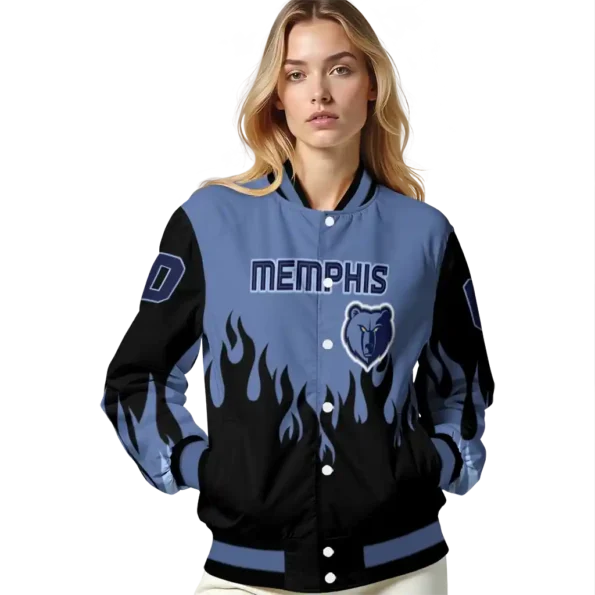 personalized memphis grizzlies flame border blue black varsity jacket latest model.webp