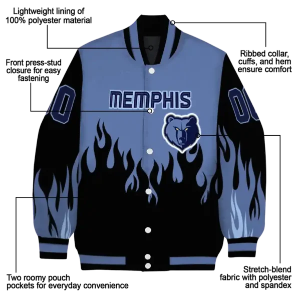 personalized memphis grizzlies flame border blue black varsity jacket new arrival.webp