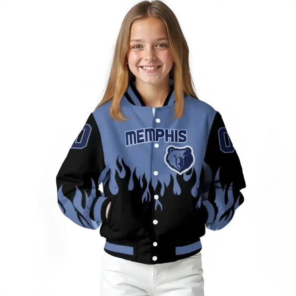 personalized memphis grizzlies flame border blue black varsity jacket top rated.webp