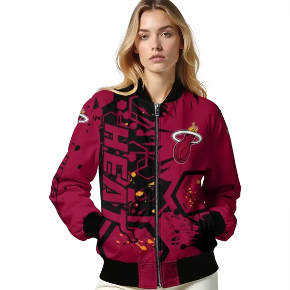 personalized miami heat hexagon cluster red black bomber jacket latest model