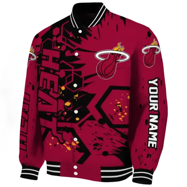 personalized miami heat hexagon cluster red black varsity jacket best selling.webp