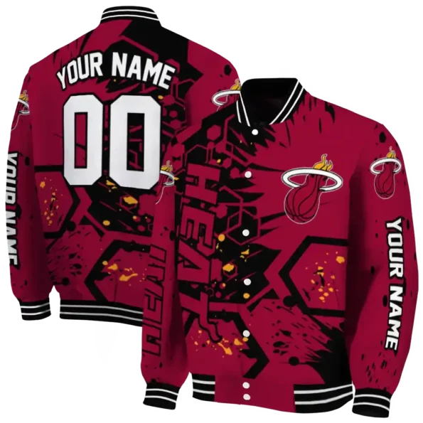 personalized miami heat hexagon cluster red black varsity jacket fashion forward.webp