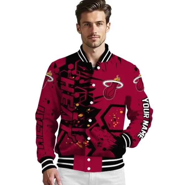 personalized miami heat hexagon cluster red black varsity jacket high quality.webp