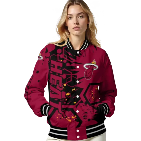 personalized miami heat hexagon cluster red black varsity jacket latest model.webp