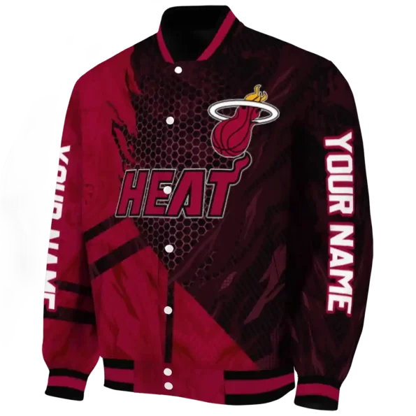 personalized miami heat hexagon mesh red black varsity jacket best selling.webp