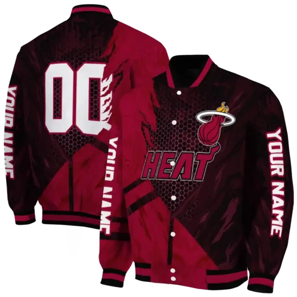 personalized miami heat hexagon mesh red black varsity jacket fashion forward.webp