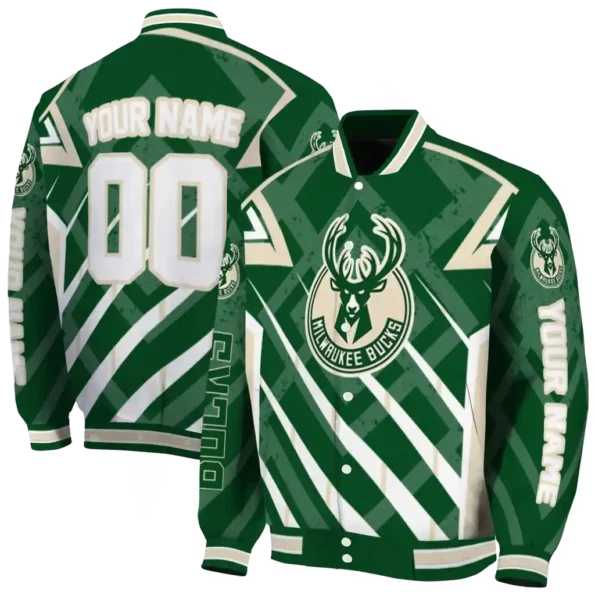 personalized milwaukee bucks chevron angles green varsity jacket fashion forward.webp