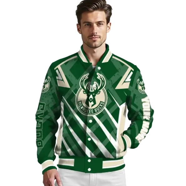personalized milwaukee bucks chevron angles green varsity jacket high quality.webp