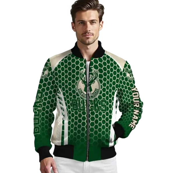 personalized milwaukee bucks hexagon grid green bomber jacket high quality