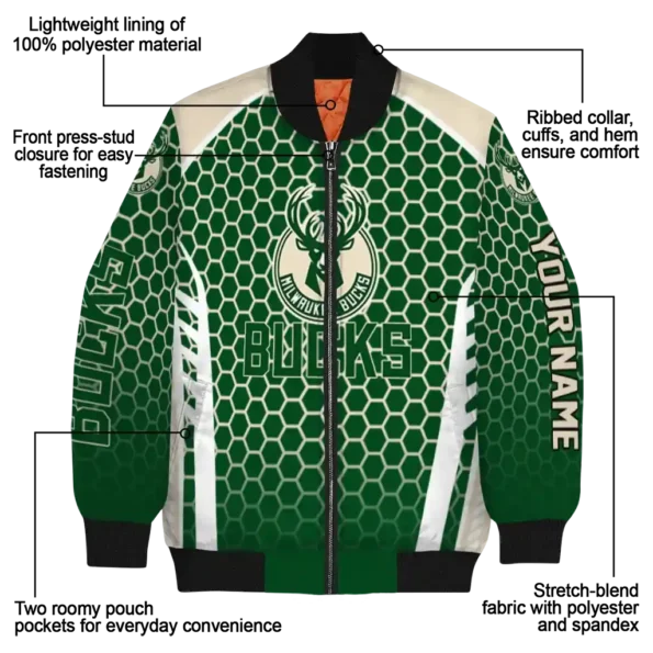 personalized milwaukee bucks hexagon grid green bomber jacket new arrival