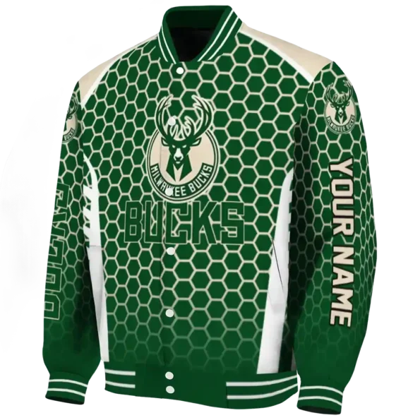 personalized milwaukee bucks hexagon grid green varsity jacket best selling.webp