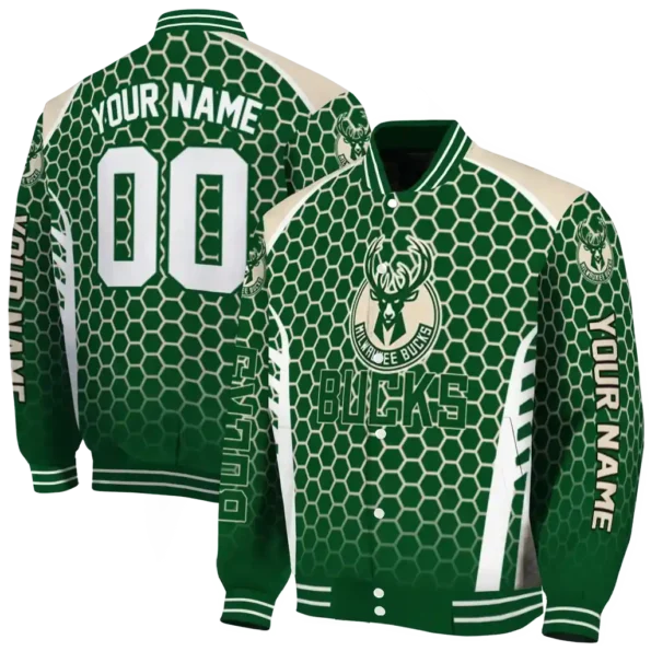 personalized milwaukee bucks hexagon grid green varsity jacket fashion forward.webp
