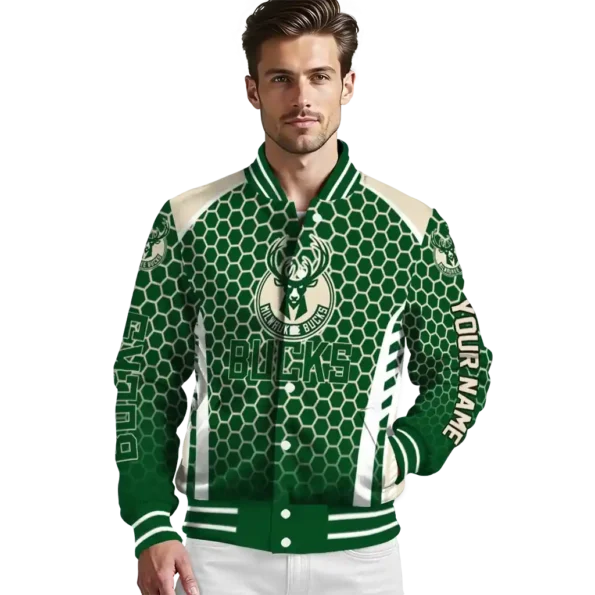 personalized milwaukee bucks hexagon grid green varsity jacket high quality.webp