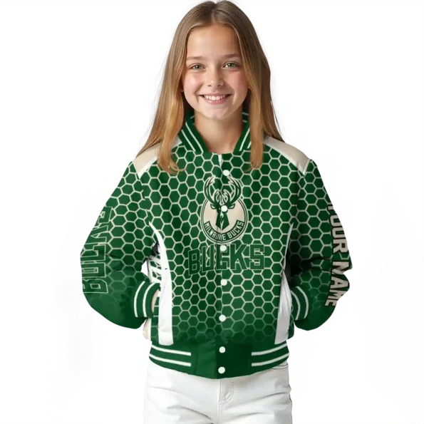 personalized milwaukee bucks hexagon grid green varsity jacket top rated.webp