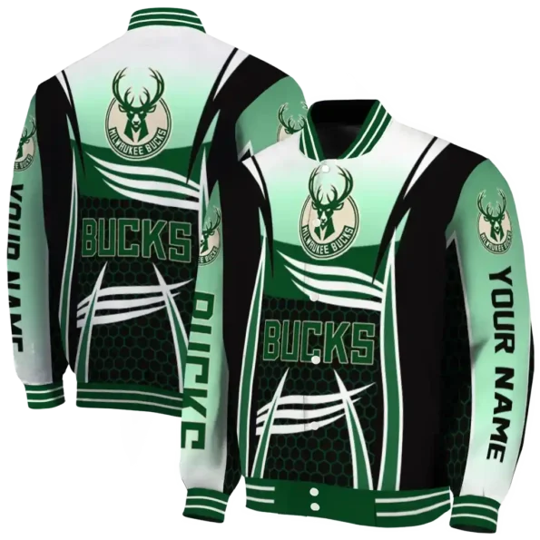 personalized milwaukee bucks mesh effect green black varsity jacket fashion forward.webp