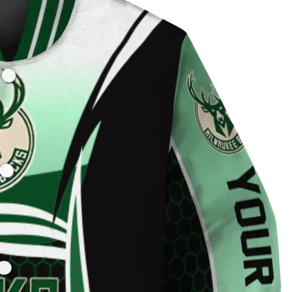 personalized milwaukee bucks mesh effect green black varsity jacket premium grade.webp