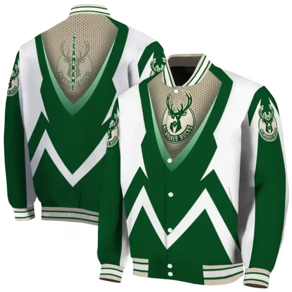 personalized milwaukee bucks v stripes green white varsity jacket fashion forward.webp