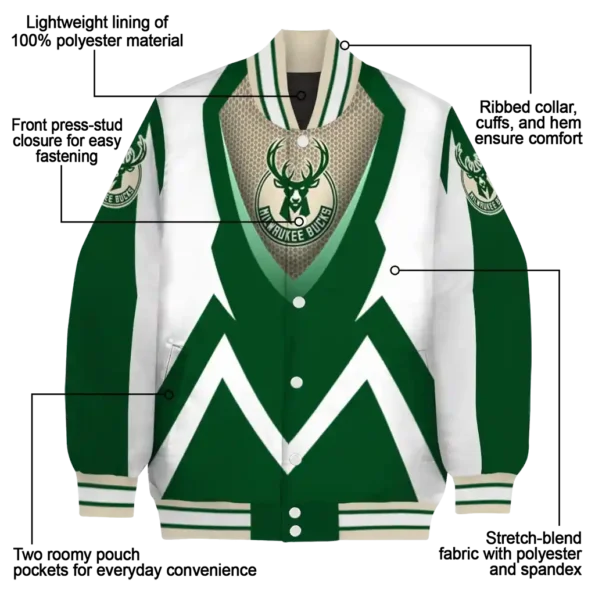 personalized milwaukee bucks v stripes green white varsity jacket new arrival.webp