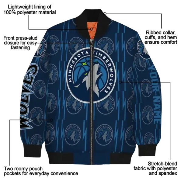 personalized minnesota timberwolves bolt stripe midnight blue bomber jacket new arrival