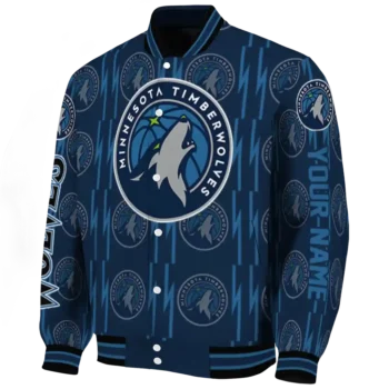 personalized minnesota timberwolves bolt stripe midnight blue varsity jacket best selling.webp