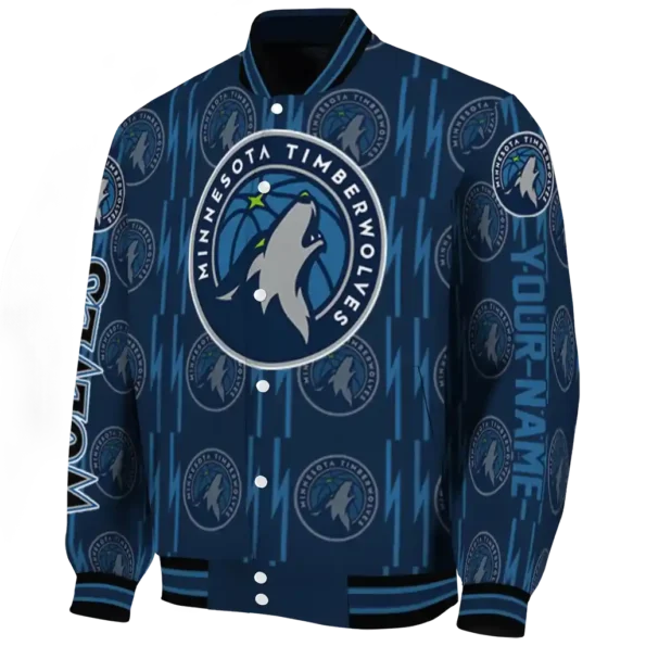 personalized minnesota timberwolves bolt stripe midnight blue varsity jacket best selling.webp