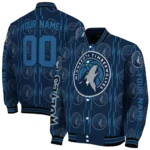 personalized minnesota timberwolves bolt stripe midnight blue varsity jacket best selling.webp