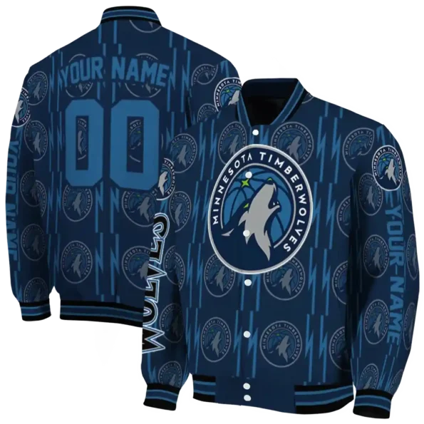 personalized minnesota timberwolves bolt stripe midnight blue varsity jacket fashion forward.webp