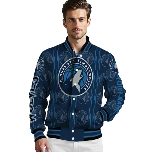 personalized minnesota timberwolves bolt stripe midnight blue varsity jacket high quality.webp
