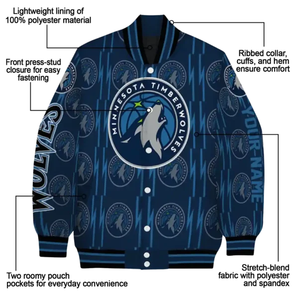 personalized minnesota timberwolves bolt stripe midnight blue varsity jacket new arrival.webp