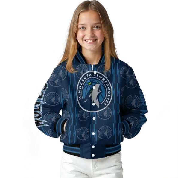 personalized minnesota timberwolves bolt stripe midnight blue varsity jacket top rated.webp